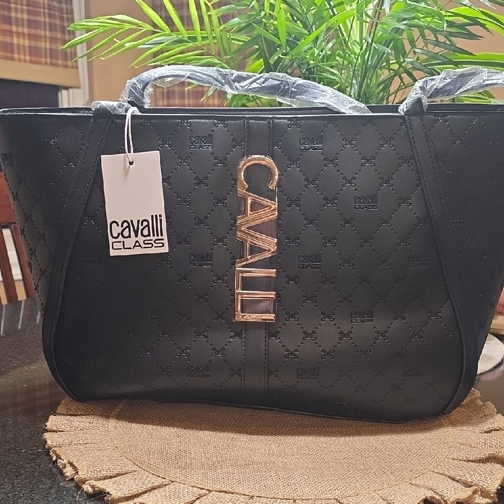Cavalli Class Black Tote With Gold Accents